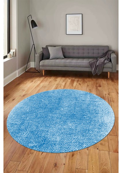 Dijital Baskı Kaymaz Yıkanabilir Sade Düz Renk Tasarım Yuvarlak Salon Halısı, Y-Sade-43-Mavi,