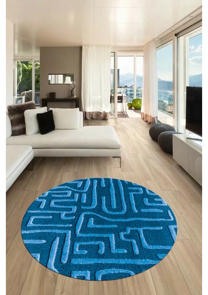 Dijital Kaymaz Taban Yıkanabilir Sade Düz Desen Yuvarlak Mutfak Salon Halısı, Y-Sade-09-Mavi,