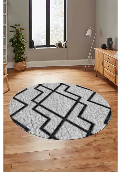 Dijital Baskı Kaymaz Yıkanabilir Sade Tasarım Yuvarlak Mutfak Salon Halısı, Y-Sade-42-Siyah,