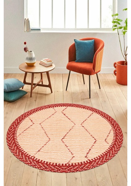 Dijital Kaymaz Taban Yıkanabilir Sade Kilim Desen Yuvarlak Mutfak Salon Halısı, Y-Sade-17-Kırmızı,