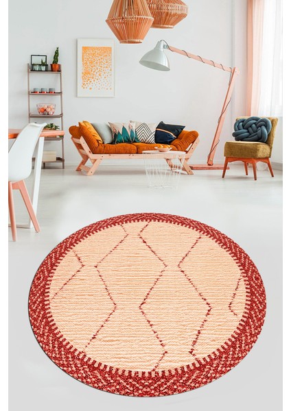 Dijital Kaymaz Taban Yıkanabilir Sade Kilim Desen Yuvarlak Mutfak Salon Halısı, Y-Sade-17-Kırmızı,