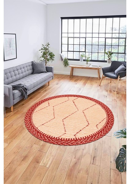 Dijital Kaymaz Taban Yıkanabilir Sade Kilim Desen Yuvarlak Mutfak Salon Halısı, Y-Sade-17-Kırmızı,