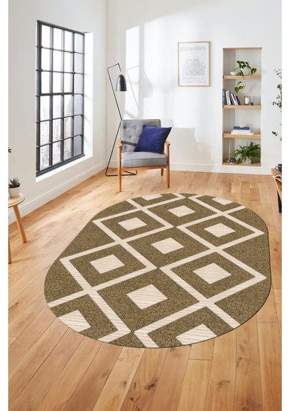 Baskılı Kaymaz Taban Yıkanabilir Baklava Desen Oval Yolluk Mutfak Salon Halısı, O-Sade-07-Kahve,