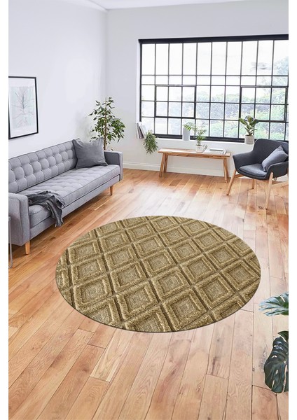Sade Baklava Desen Motifli Kaymaz Taban Yıkanabilir Yuvarlak Salon Halısı, Y-Sade-28-Kahve,