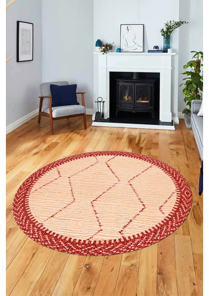 Dijital Kaymaz Taban Yıkanabilir Sade Kilim Desen Yuvarlak Mutfak Salon Halısı, Y-Sade-17-Kırmızı,