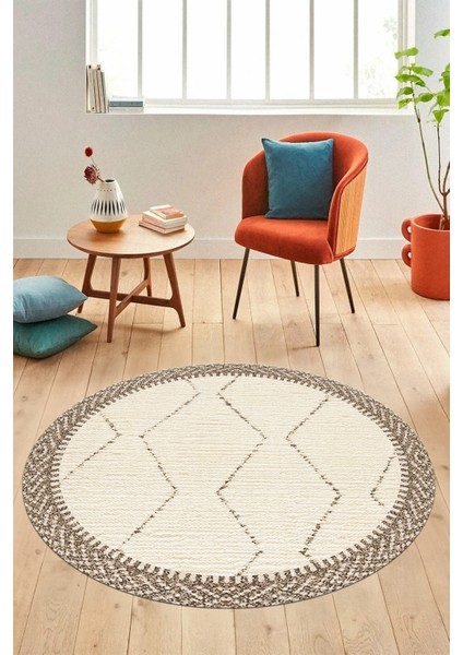 Dijital Kaymaz Taban Yıkanabilir Sade Kilim Desen Yuvarlak Mutfak Salon Halısı, Y-Sade-17-Krem,
