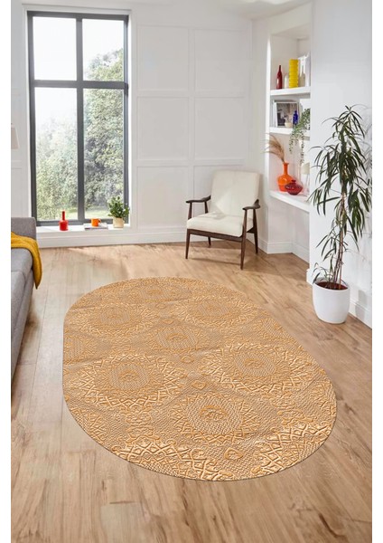 Baskılı Kaymaz Taban Yıkanabilir Sade Düz Renk Oval Yolluk Mutfak Salon Halısı, O-Sade-15-Kahve, indirimleri