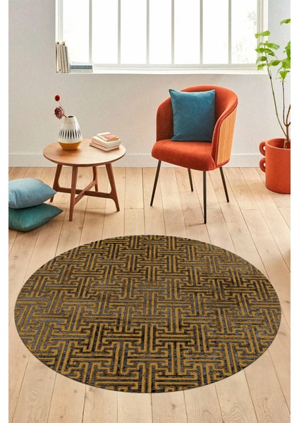 Dijital Baskı Kaymaz Yıkanabilir Sade Düz Desen Yuvarlak Mutfak Salon Halısı, Y-Sade-38-Gold,