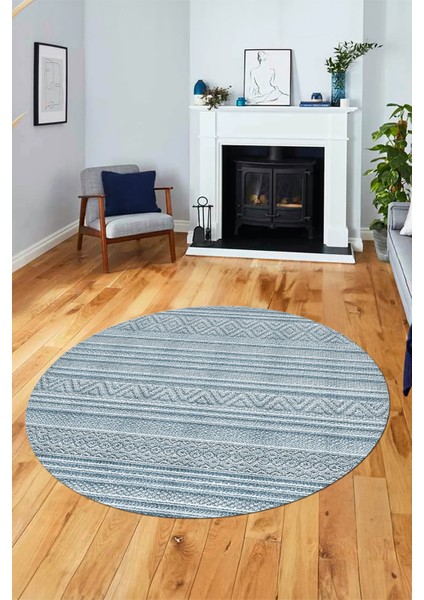 Kilim Desenli Sade Motifli Kaymaz Taban Yıkanabilir Yuvarlak Salon Halısı, Y-Sade-30-Mavi,