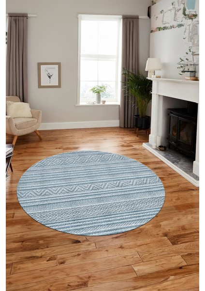 Kilim Desenli Sade Motifli Kaymaz Taban Yıkanabilir Yuvarlak Salon Halısı, Y-Sade-30-Mavi,