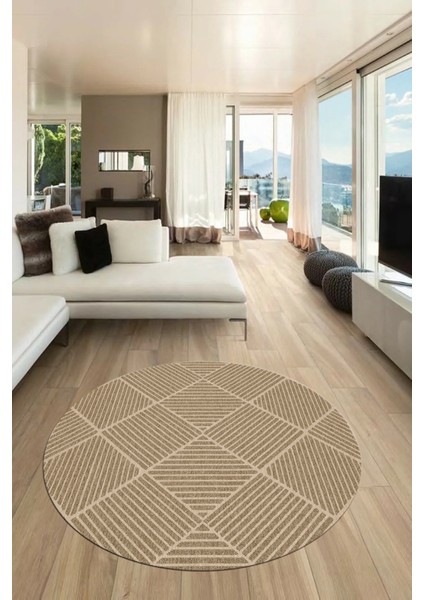 Dijital Baskı Kaymaz Yıkanabilir Sade Yuvarlak Mutfak Salon Halısı, Y-Sade-46-Kahve,