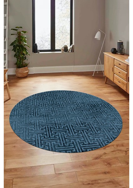 Dijital Baskı Kaymaz Yıkanabilir Sade Düz Desen Yuvarlak Mutfak Salon Halısı, Y-Sade-38-Mavi,