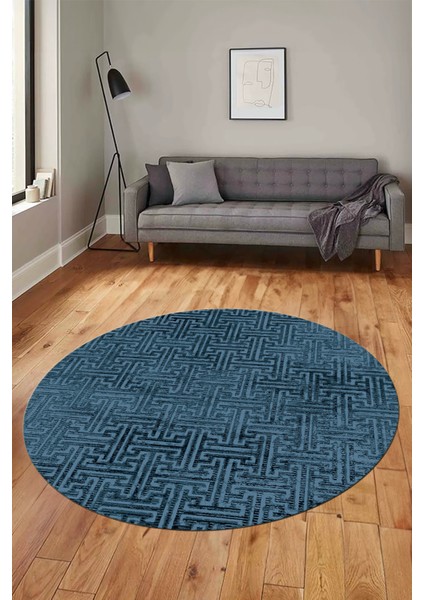 Dijital Baskı Kaymaz Yıkanabilir Sade Düz Desen Yuvarlak Mutfak Salon Halısı, Y-Sade-38-Mavi,