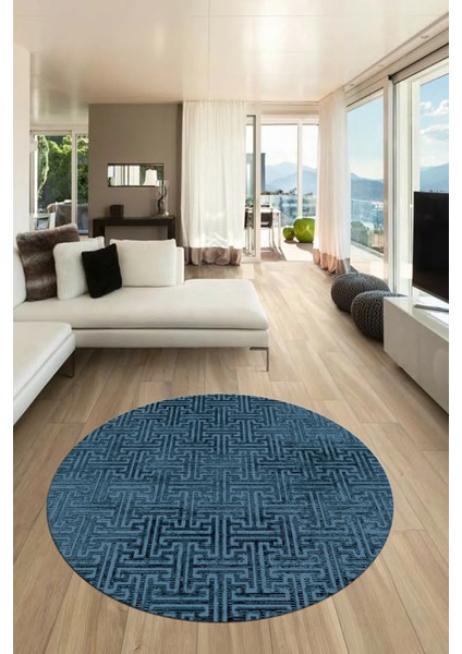 Dijital Baskı Kaymaz Yıkanabilir Sade Düz Desen Yuvarlak Mutfak Salon Halısı, Y-Sade-38-Mavi,