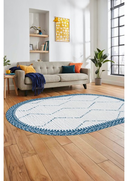 Baskılı Kaymaz Taban Yıkanabilir Sade Kilim Desen Oval Yolluk Salon Halısı, O-Sade-17-Mavi, fırsatları