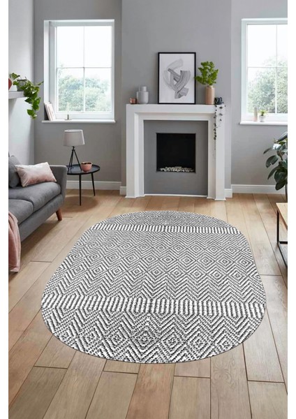Baskılı Kaymaz Taban Yıkanabilir Sade Desen Oval Yolluk Mutfak Salon Halısı, O-Sade-18-Beyaz,
