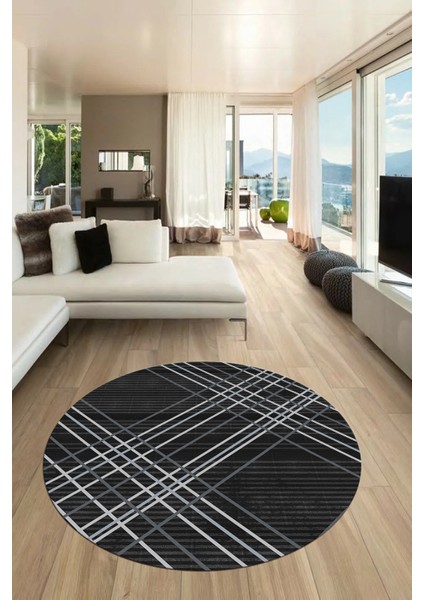 Dijital Baskı Kaymaz Yıkanabilir Sade Çizgili Yuvarlak Mutfak Salon Halısı, Y-Sade-39-Antrasit,