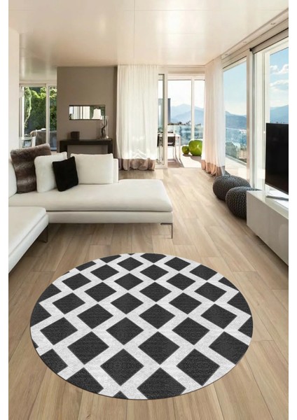 Dijital Baskı Kaymaz Yıkanabilir Sade Motifli Yuvarlak Mutfak Salon Halısı, Y-Sade-40-Antrasit,