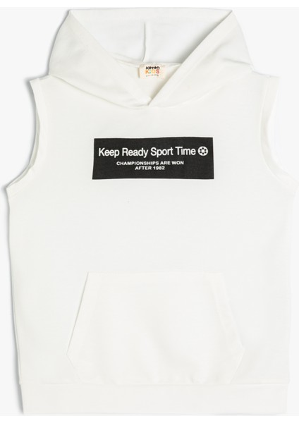 Kapşonlu Sweatshirt Kolsuz Slogan Baskılı Kanguru Cepli