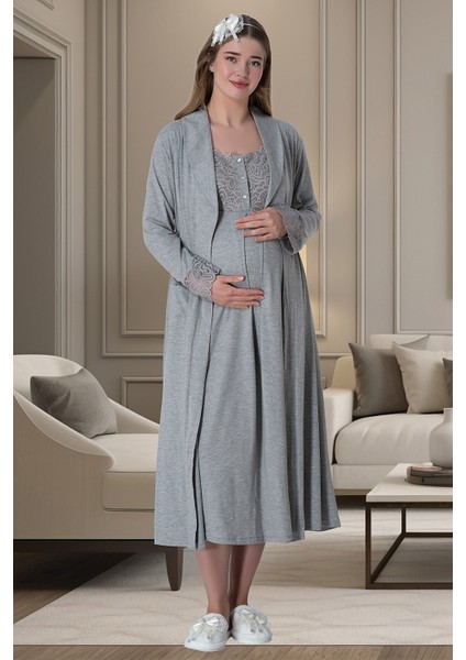 Mecit 6066 Gri Sabahlıklı Gecelik Pijama Lohusa Set