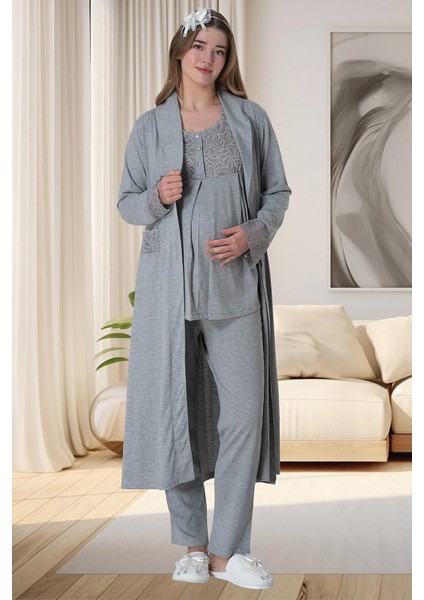 Mecit 6066 Gri Sabahlıklı Gecelik Pijama Lohusa Set