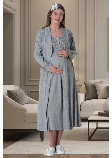 Mecit 6066 Gri Sabahlıklı Gecelik Pijama Lohusa Set