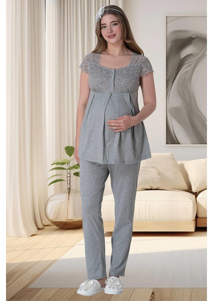 Mecit 6066 Gri Sabahlıklı Gecelik Pijama Lohusa Set