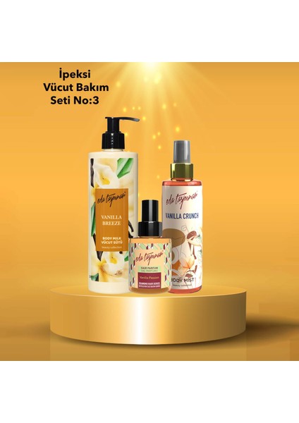 İpeksi Vücut Bakım Seti No:3 - Vanilya Saç Parfümü & Vanilya Body Mist & Vanilya Vücut Sütü