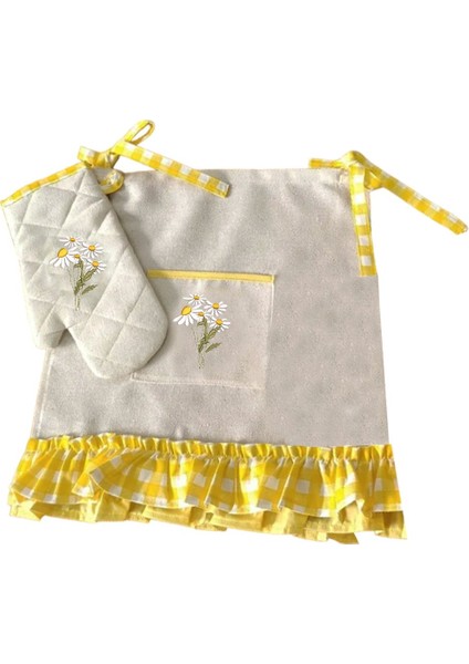 Sarı Pötikare Papatya Nakışlı, Fırfırlı, Buldan Keten Fırın Önlüğü (Örtüsü) ve Eldiveni