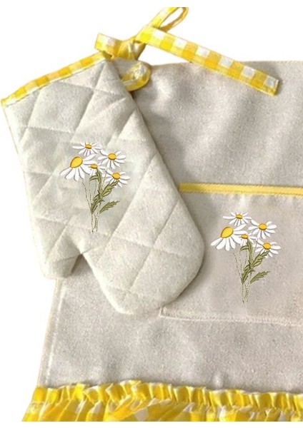 Sarı Pötikare Papatya Nakışlı, Fırfırlı, Buldan Keten Fırın Önlüğü (Örtüsü) ve Eldiveni fiyatları
