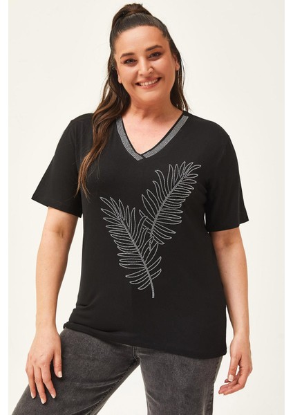 Kadın Büyük Beden Yaprak Desenli Taş Baskılı Siyah-Sarı Bluz