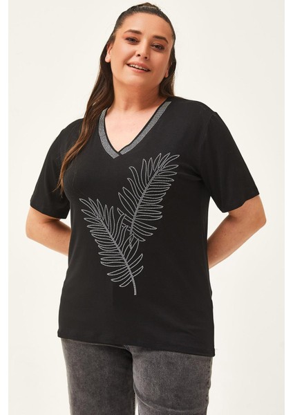 Kadın Büyük Beden Yaprak Desenli Taş Baskılı Siyah-Sarı Bluz fiyatları