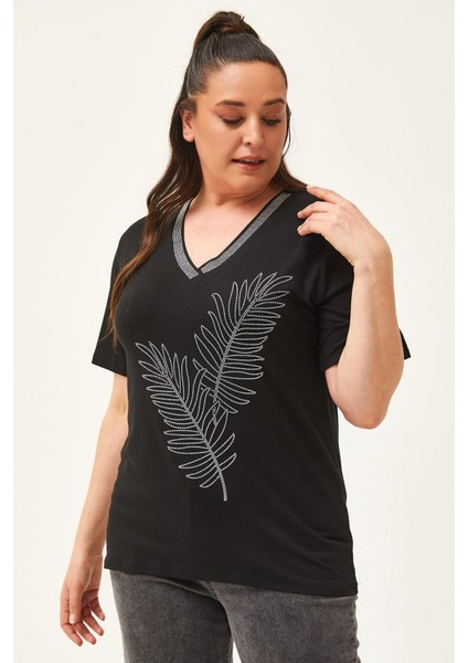 Kadın Büyük Beden Yaprak Desenli Taş Baskılı Siyah-Sarı Bluz modelleri