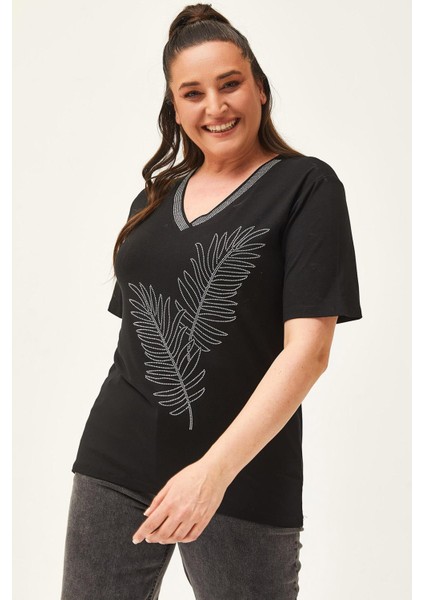 Kadın Büyük Beden Yaprak Desenli Taş Baskılı Siyah-Sarı Bluz fırsatları