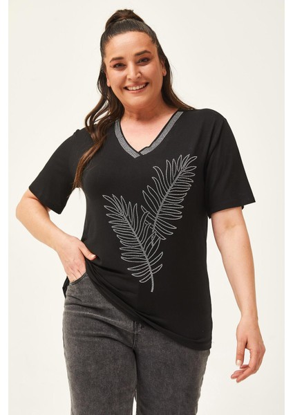 Kadın Büyük Beden Yaprak Desenli Taş Baskılı Siyah-Sarı Bluz indirimleri