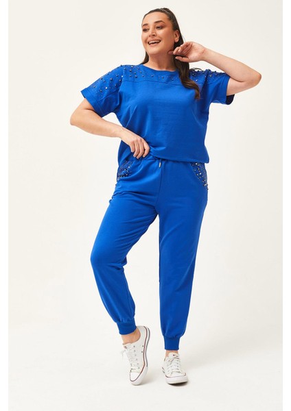 Kadın Büyük Beden Taş Ve Boncuk Detaylı Kısa Kollu Yazlık Mavi Eşofman Takımı modelleri
