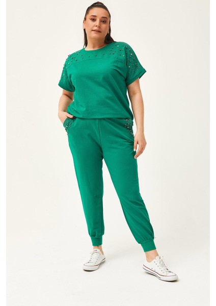 Kadın Büyük Beden Taş Ve Boncuk Detaylı Kısa Kollu Yazlık Yeşil Eşofman Takımı fiyatları