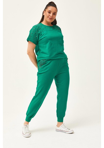 Kadın Büyük Beden Taş Ve Boncuk Detaylı Kısa Kollu Yazlık Yeşil Eşofman Takımı fırsatları