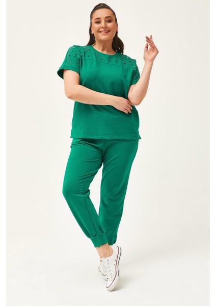 Kadın Büyük Beden Taş Ve Boncuk Detaylı Kısa Kollu Yazlık Yeşil Eşofman Takımı indirimleri
