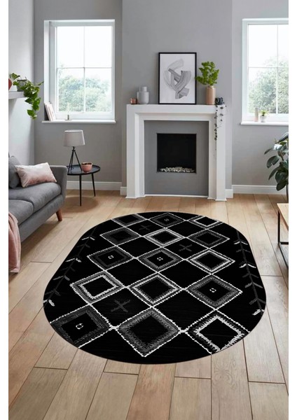 Şık Iskandinav Dijital Kaymaz Yıkanabilir Oval Yolluk Mutfak Salon Halısı, O-Iskandinav-12-Antrasit,