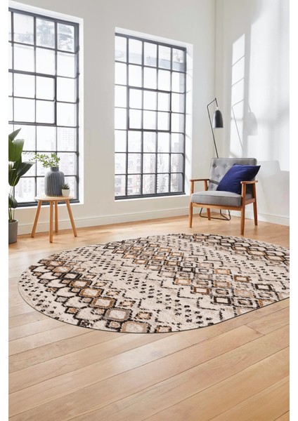 Iskandinav Desen Kaymaz Taban Yıkanabilir Oval Yolluk Mutfak Salon Halısı, O-Iskandinav-22-Kahve, indirimleri