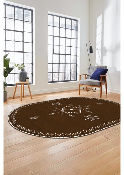 Dijital Kaymaz Yıkanabilir Iskandinav Oval Mutfak Yolluk Salon Halısı, O-Iskandinav-08-Kahve,