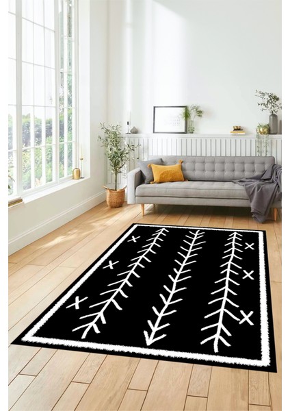 Dijital Kaymaz Yıkanabilir Modern Iskandinav Desen Mutfak Yolluk Salon Halısı, Iskandinav-07-Siyah,