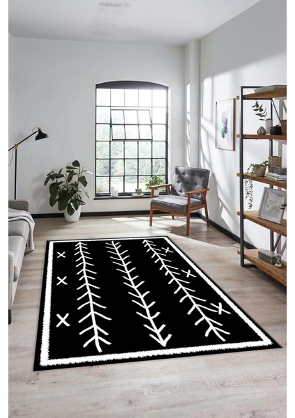 Dijital Kaymaz Yıkanabilir Modern Iskandinav Desen Mutfak Yolluk Salon Halısı, Iskandinav-07-Siyah,