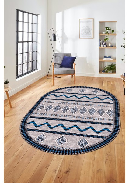 Dijital Kaymaz Yıkanabilir Iskandinav Desen Oval Mutfak Yolluk Salon Halısı, O-Iskandinav-27-Mavi, modelleri