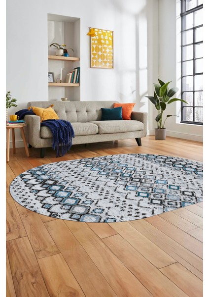 Iskandinav Desen Kaymaz Taban Yıkanabilir Oval Yolluk Mutfak Salon Halısı, O-Iskandinav-22-Mavi,