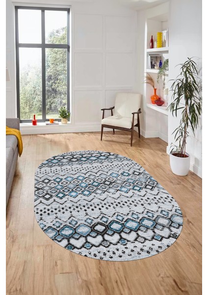 Iskandinav Desen Kaymaz Taban Yıkanabilir Oval Yolluk Mutfak Salon Halısı, O-Iskandinav-22-Mavi,