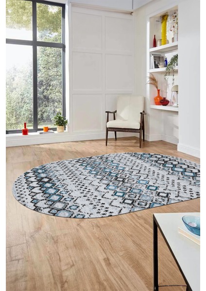 Iskandinav Desen Kaymaz Taban Yıkanabilir Oval Yolluk Mutfak Salon Halısı, O-Iskandinav-22-Mavi,