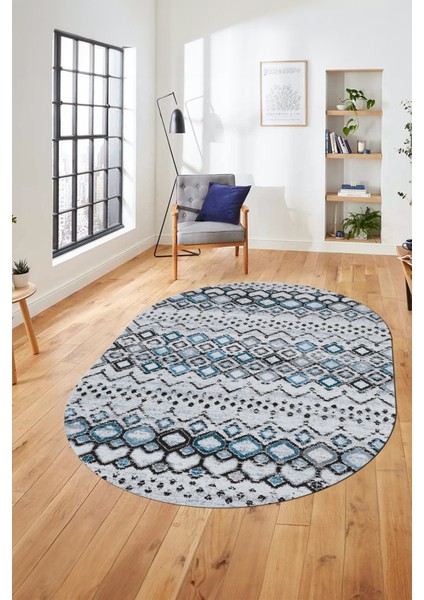 Iskandinav Desen Kaymaz Taban Yıkanabilir Oval Yolluk Mutfak Salon Halısı, O-Iskandinav-22-Mavi,