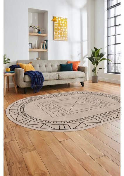 Dijital Ince Kaymaz Yıkanabilir Iskandinav Oval Mutfak Yolluk Salon Halısı, O-Iskandinav-09-Bej, fırsatları